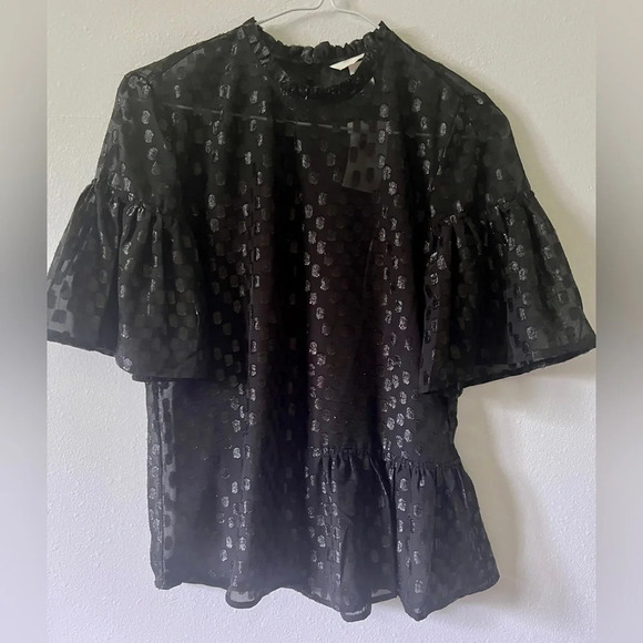 H&M NWT Sheer Black Dotted Sparkle Peplum Blouse - Size 2 - Picture 2 of 3